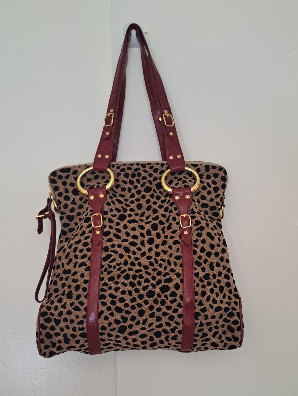 Leopard Print Shoulder Bag with Burgundy faux Leather Straps